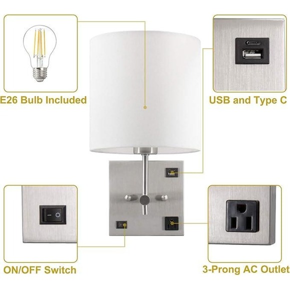 Wall Light Sconce w/ USB, Type-C Port & AC Outlet LED Bulb‎ Included Wall Lamp - Picture 8 of 10